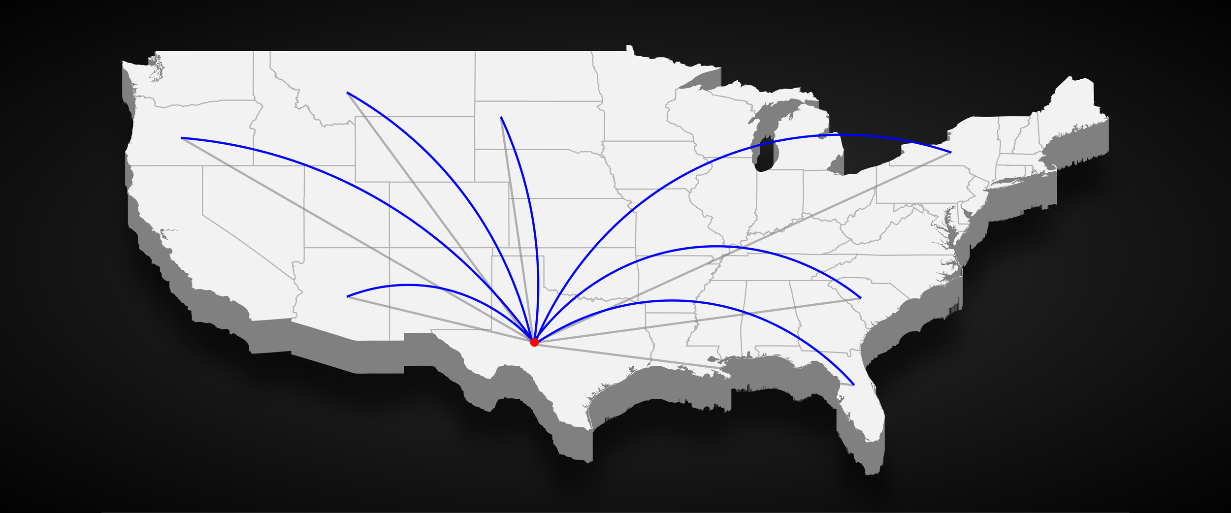 Map of the United States with blue lines originating from a red point in the South, indicating travel routes to various locations across the country, including the West Coast, Midwest, and East Coast.