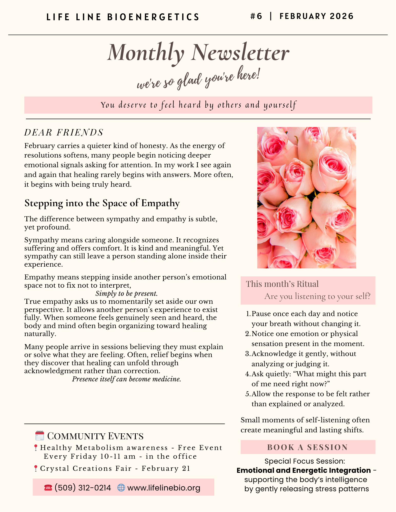 February 2026 wellness newsletter by Life Line Bioenergetics discussing sympathy versus empathy and the power of listening for emotional and nervous system support