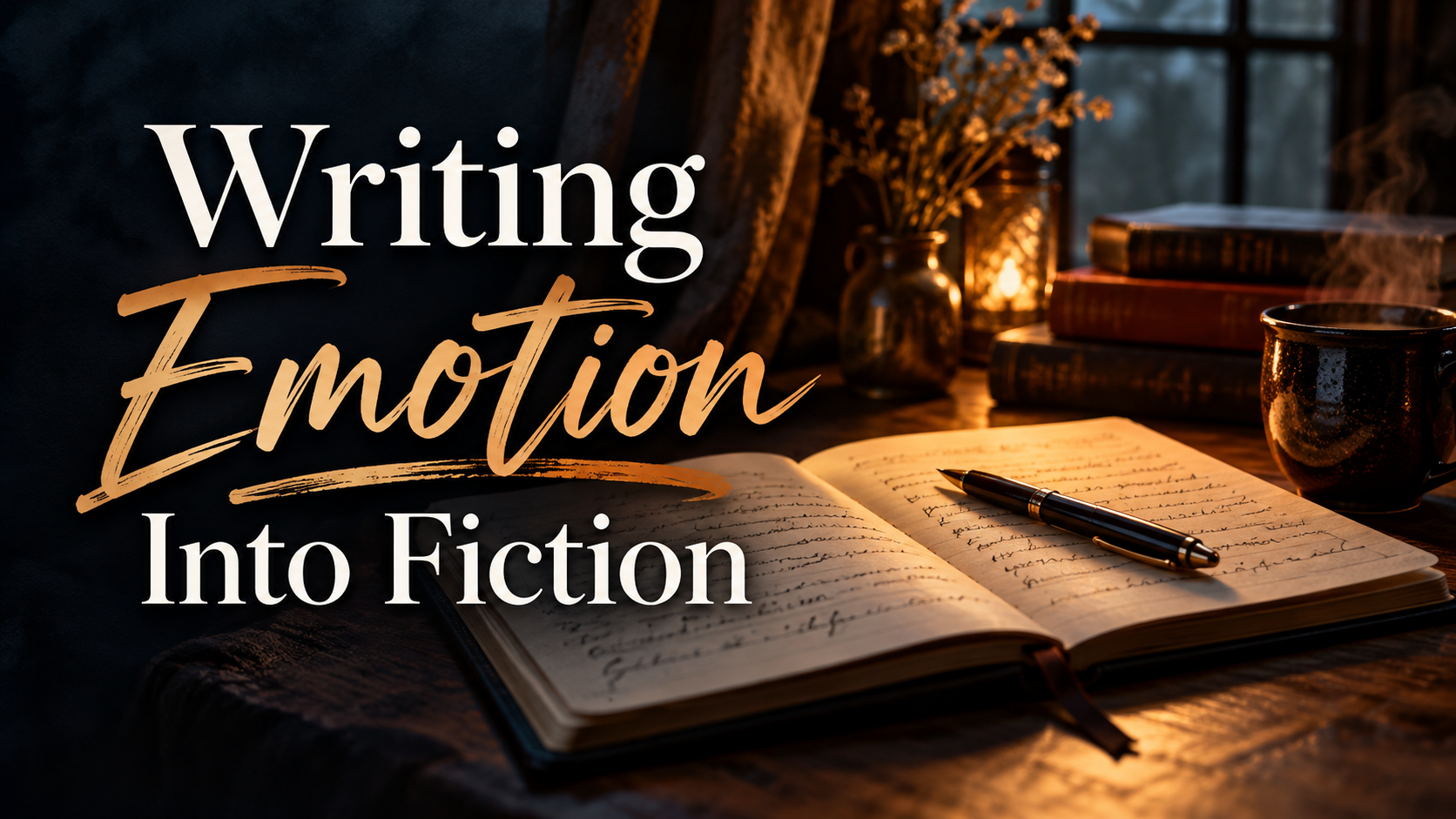 Open journal and pen on a softly lit writing desk, representing emotional journaling as a fiction writing technique.