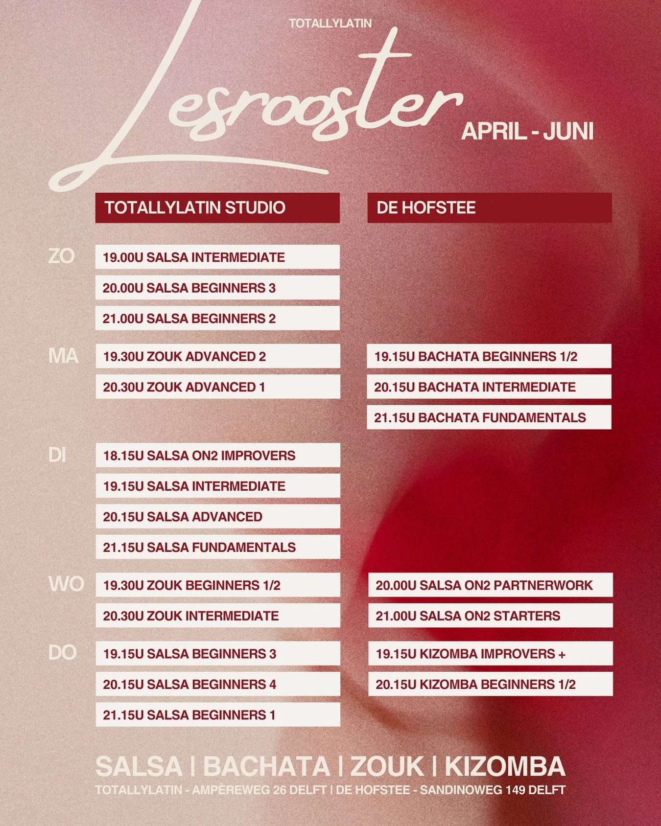 Nieuw lesrooster en seizoen. Kom fijn dansen. 💃🏻🕺🏻

Ons nieuwe lesrooster voor april t/m juni staat online en we vinden het leuk om weer samen de dansvloer op te gaan.

Of je nu al langer danst of juist wilt beginnen: dit is het moment om te star