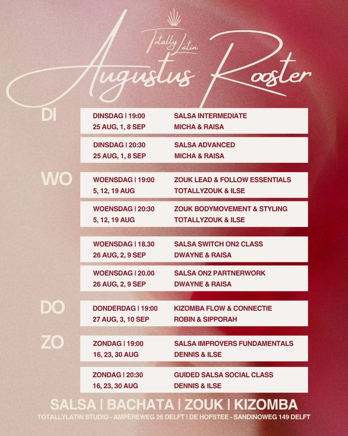 AUGUSTUS ROOSTER STAAT ONLINE 🔥

Het lesrooster voor augustus staat online en je kan je cursus nu boeken! 💃🏻🕺🏻

✨ Boek de hele reeks (3 lessen) of kies voor een losse les ✨ Nog niet begonnen? Voor juli kan je je ook nog inschrijven

De keuze is 