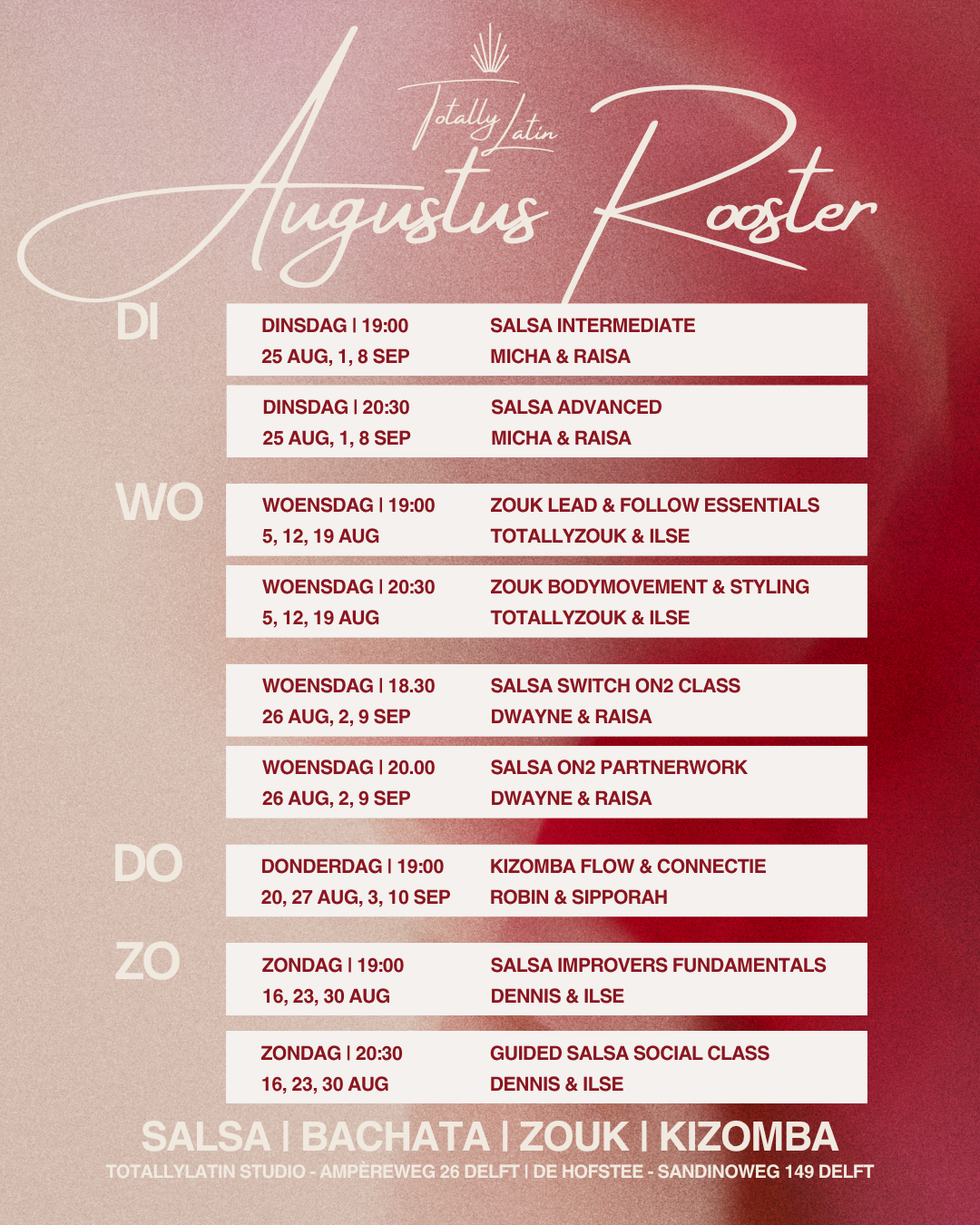 Augustus lesrooster salsa bachata zouk kizomba Delft