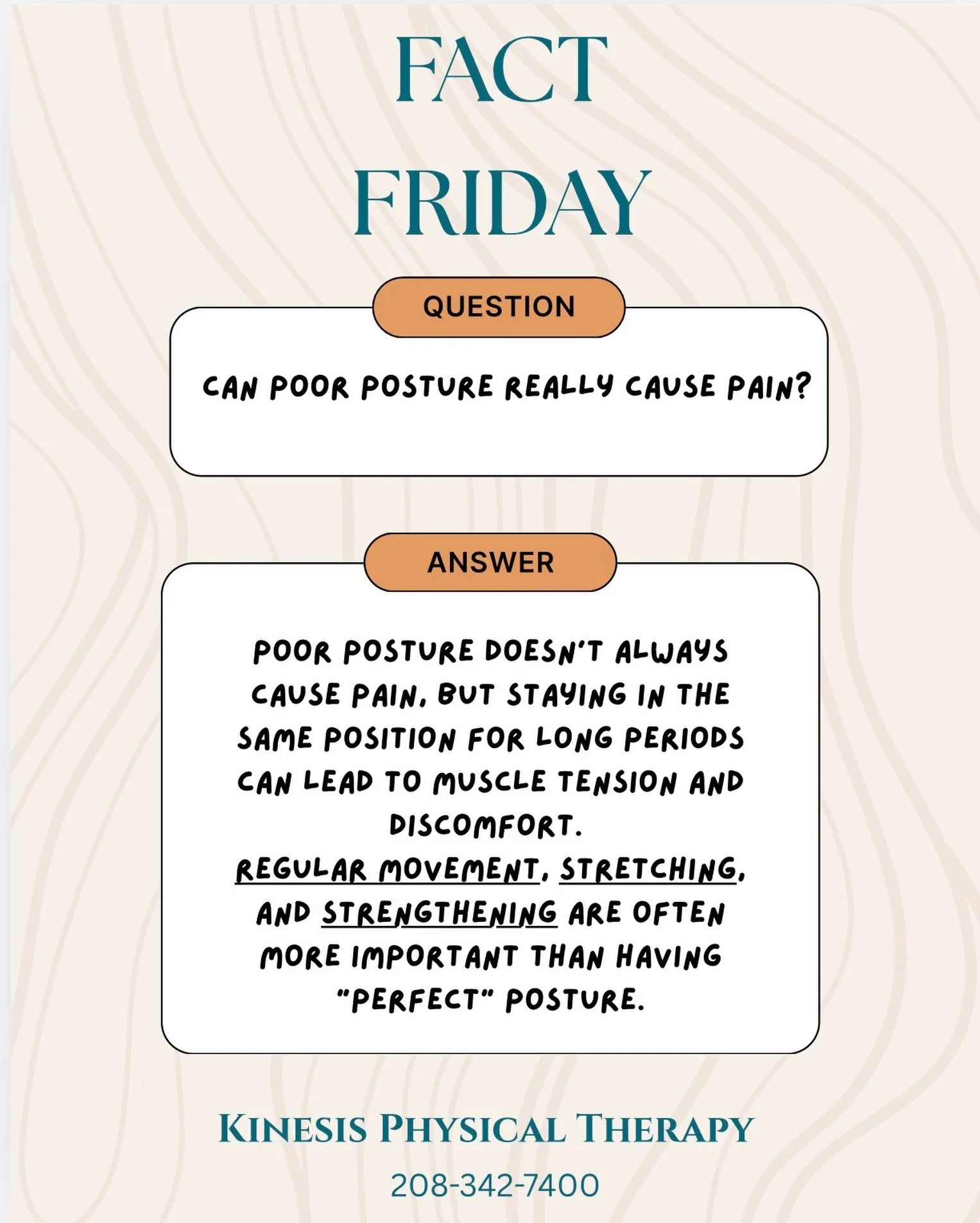 FACT FRIDAY 

Got a question about pain, posture, exercise or Physical Therapy in general?

Drop it in our DMs or comments &mdash; we may feature it in a future Fact Friday.

📅 Schedule a visit with Kinesis PT