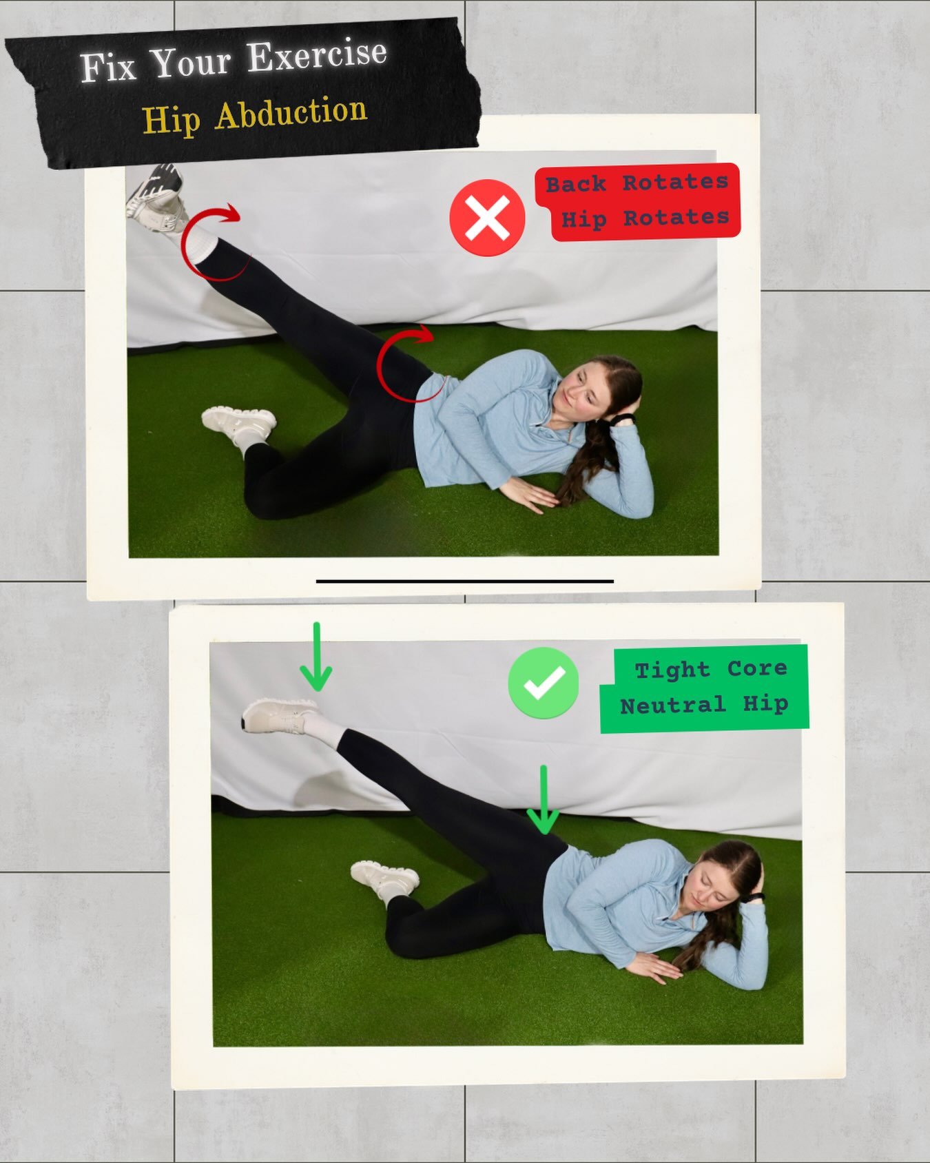Fix Your Exercise: Side-Lying Hip Abduction

Side-lying hip abduction is a great exercise for strengthening your glutes, but only if you keep your body from doing the work for you. 👇

✅ Brace your core
Keep your abdominal muscles engaged to create a