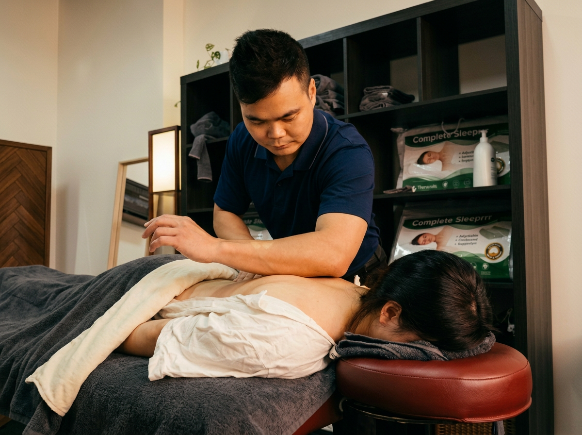 Experienced male remedial massage therapist, Minh Le, using his forearm to apply pressure on a patient's upper back to gently release muscle tension and tightness.