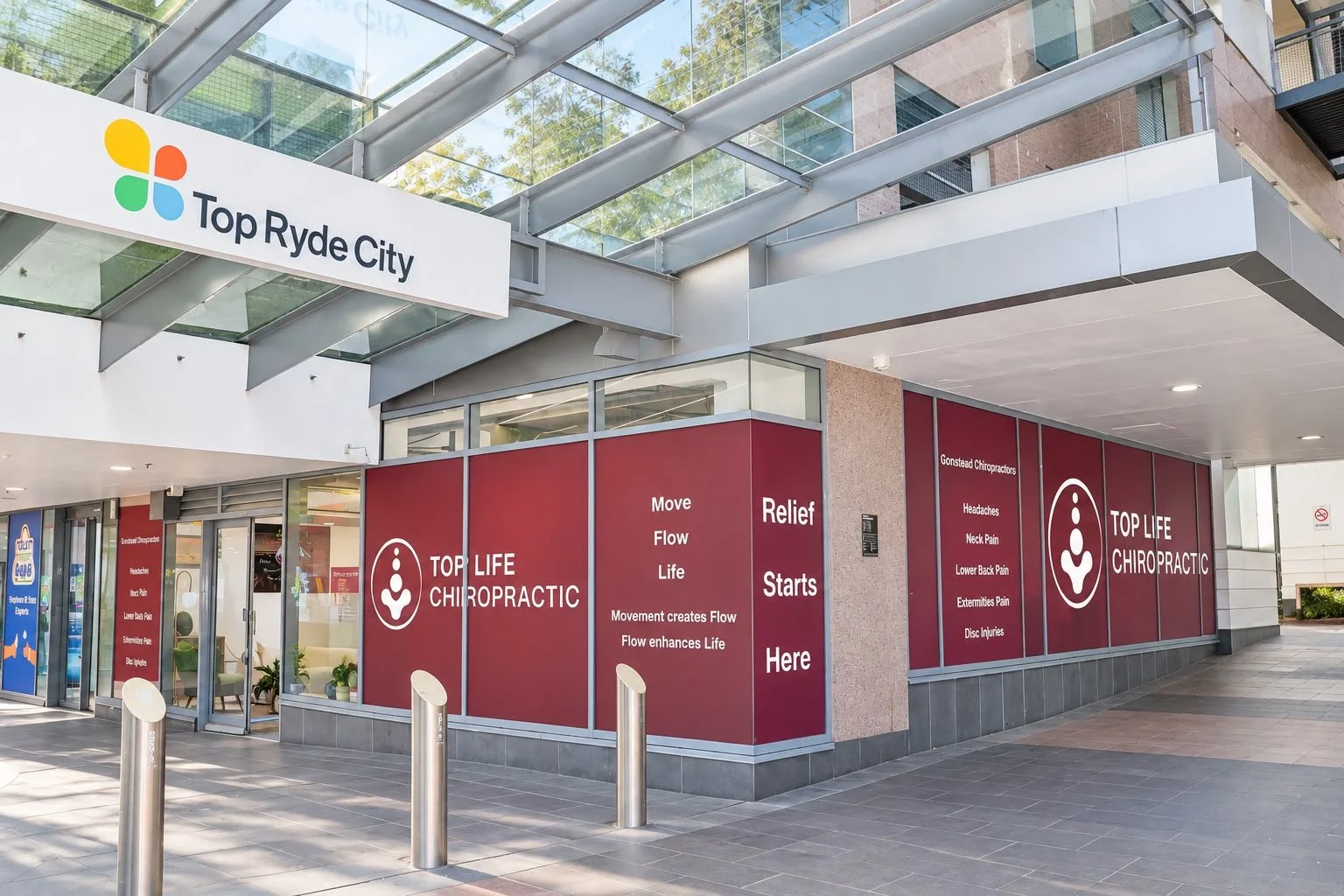 The exterior of Top Life Chiropractic clinic, located at the ground floor of Top Ryde Shopping Centre in Sydney, Australia