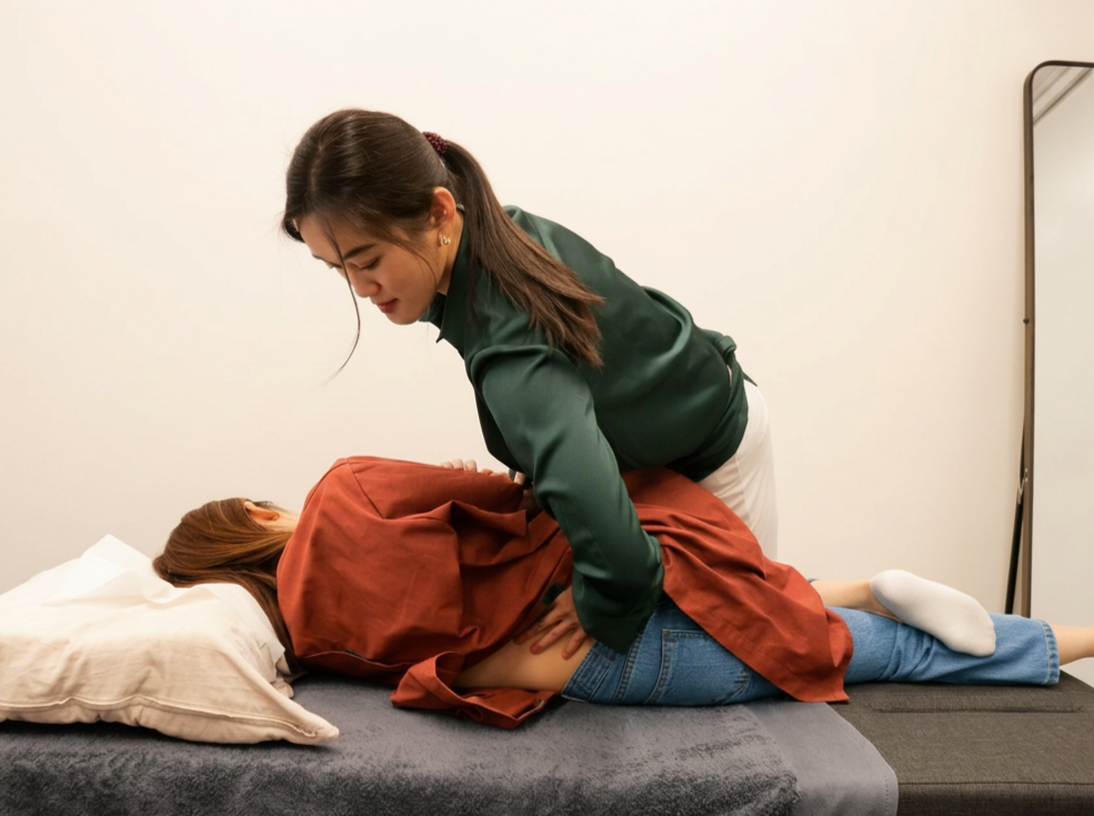 Experienced chiropractor, Yu Jie, provides a targeted and safe chiropractic adjustment to a patient's back using the Gonstead chiropractic method.