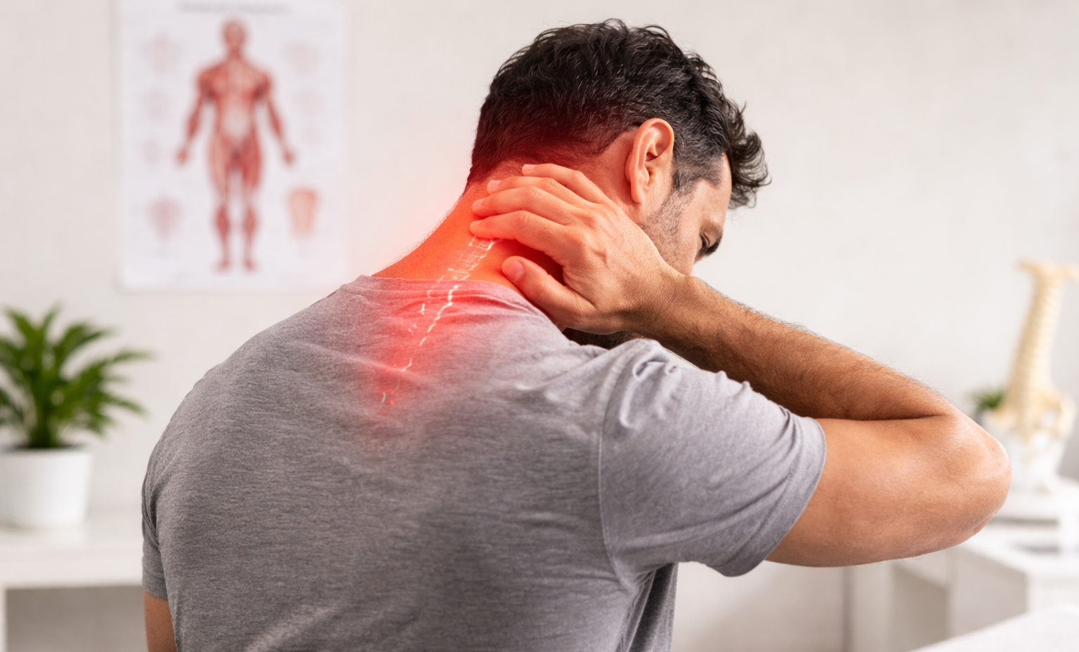 A man experiencing neck pain, holding his neck with his left hand, with a red glow and lightning effects indicating pain or inflammation.