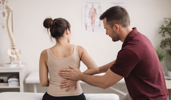 A chiropractor examining a woman's back in a clinic with anatomical charts on the wall.