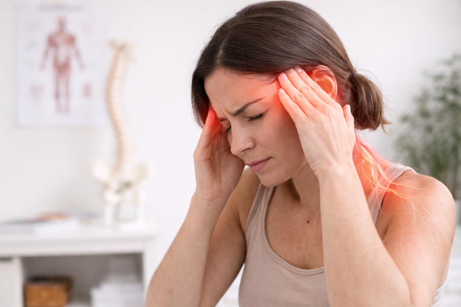 Woman with headache, holding head with both hands, eyes closed, in medical office with spine model and anatomy poster in background.
