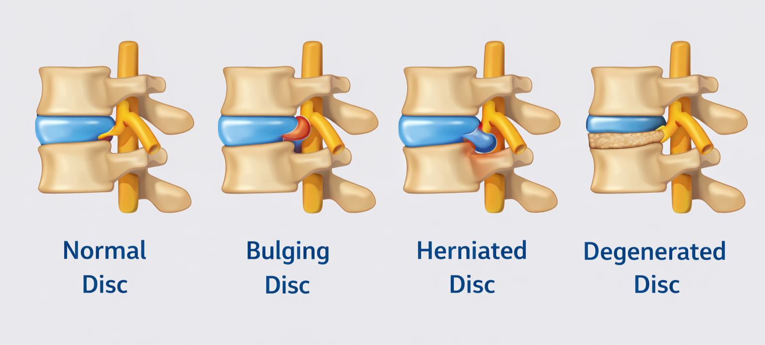 Medical illustration showing four types of spinal disc conditions: normal, bulging, herniated, and degenerated.