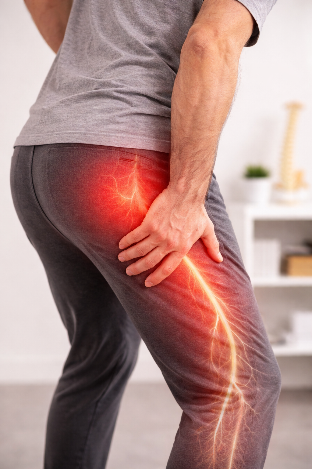 Person holding their hip and leg in pain, with a digital overlay of lightning bolts indicating pain or nerve issues.