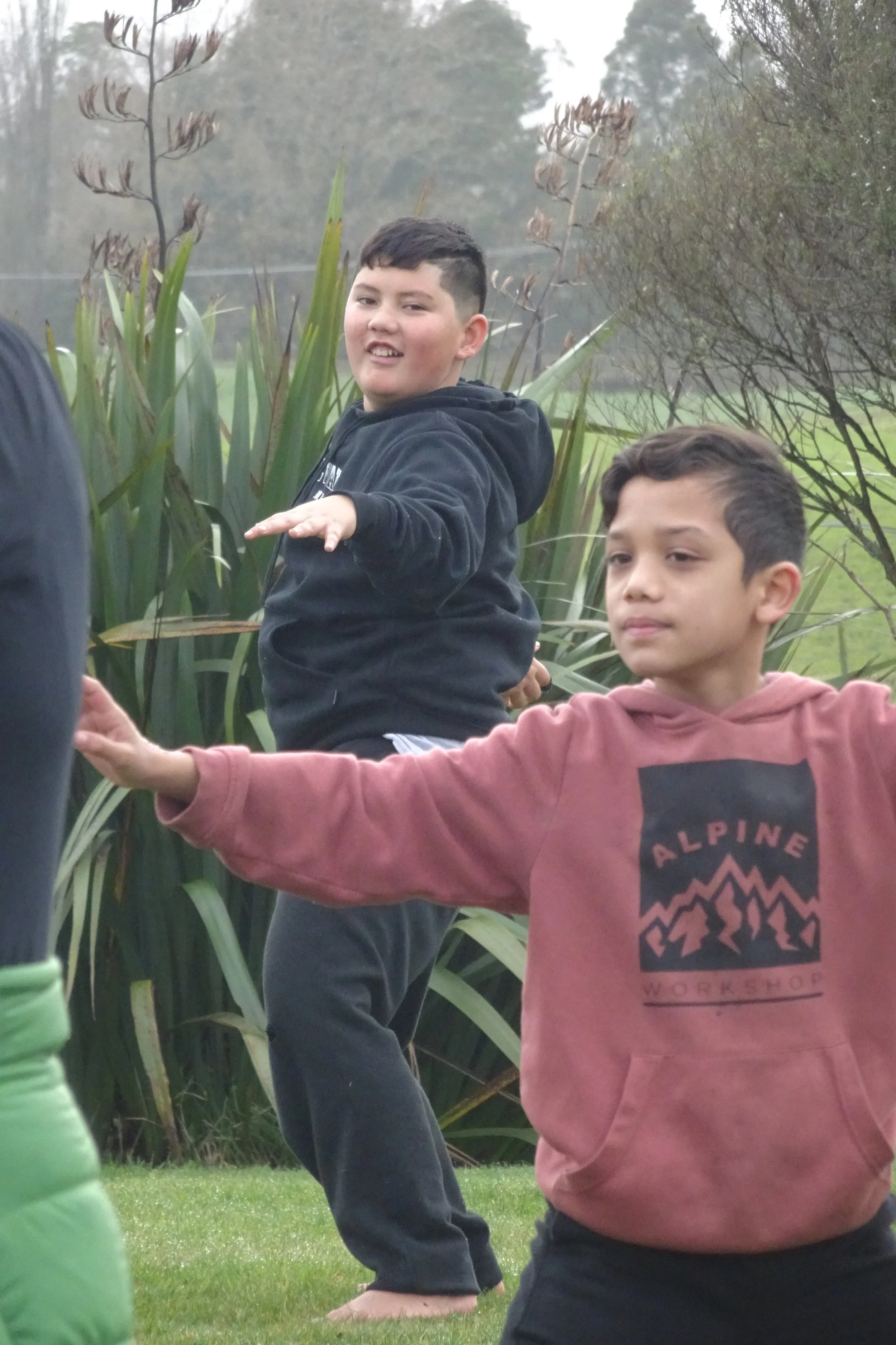 Two boys practicing martial arts outdoors on a grass field, with large plants and trees in the background.