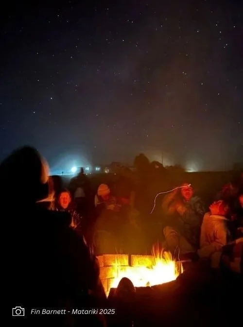 People sitting around a campfire at night under a starry sky.