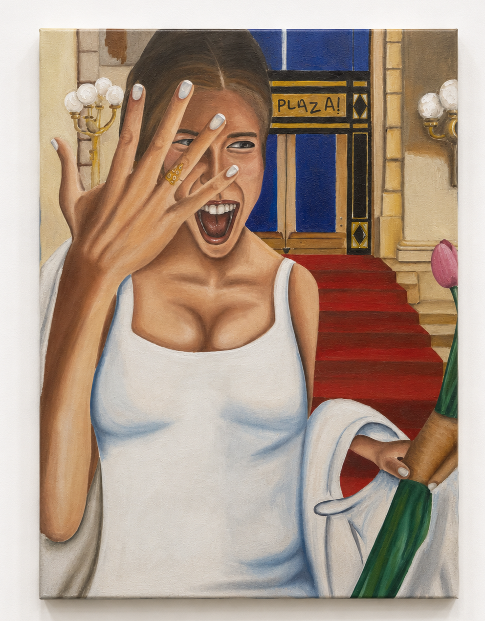 A painting of a woman with an expression of surprise or excitement, covering one eye with her hand, holding a wrapped tulip, in front of a building with a sign saying "PLAZA!" and a red staircase.
