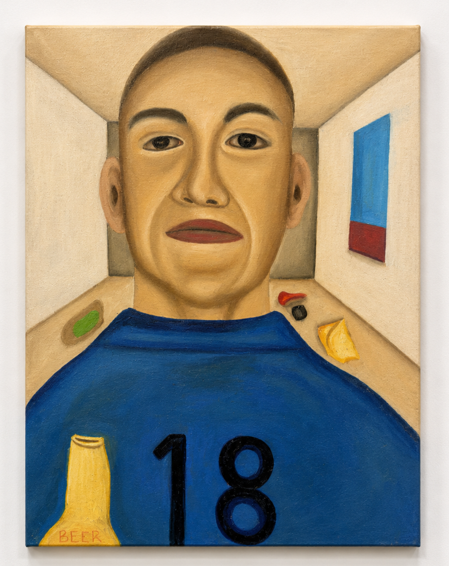 Portrait of a person with short hair wearing a blue shirt with the number 18, set in a room with a flag on the wall and scattered objects on the floor.