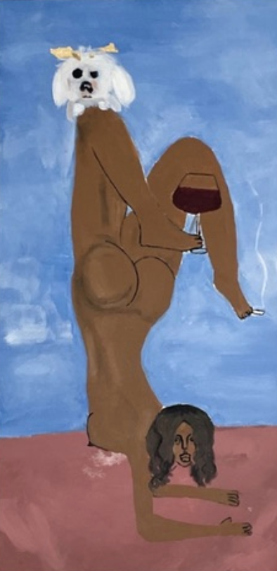 A stylized painting of a figure with a dog's head holding a glass of wine, with a woman's head and arm on the ground beneath, set against a blue and pink background.