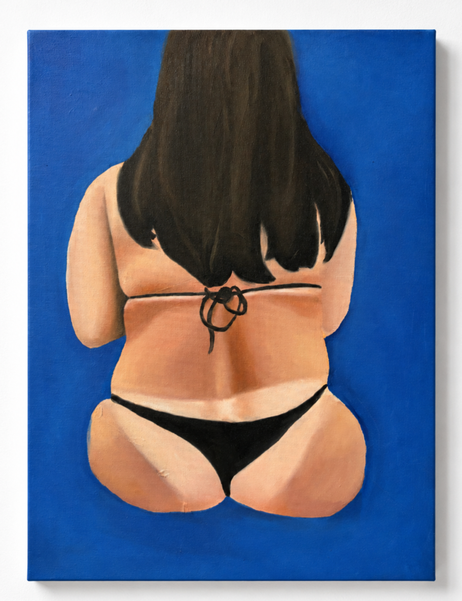 Painting of a woman with long dark hair, viewed from the back, wearing a black bikini with a tie-back top and matching bottom, against a blue background.