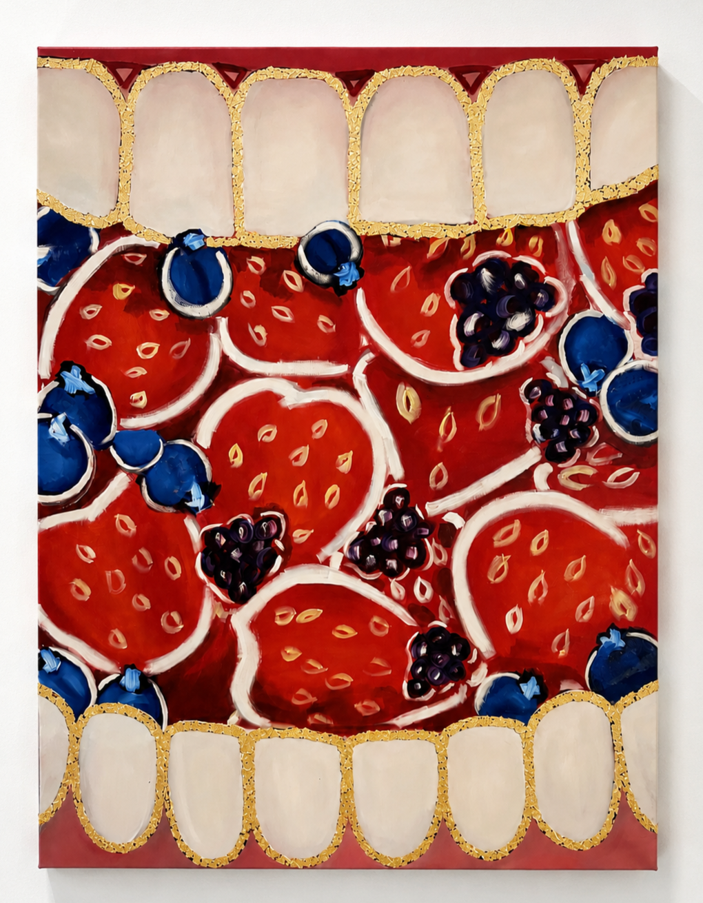 Painting of strawberries, blueberries, and blackberries with decorative borders in red, yellow, and white colors.