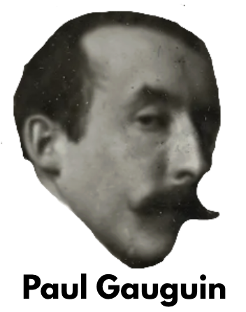 Black and white photo collage featuring a man's face, with the name Paul Gauguin written below.