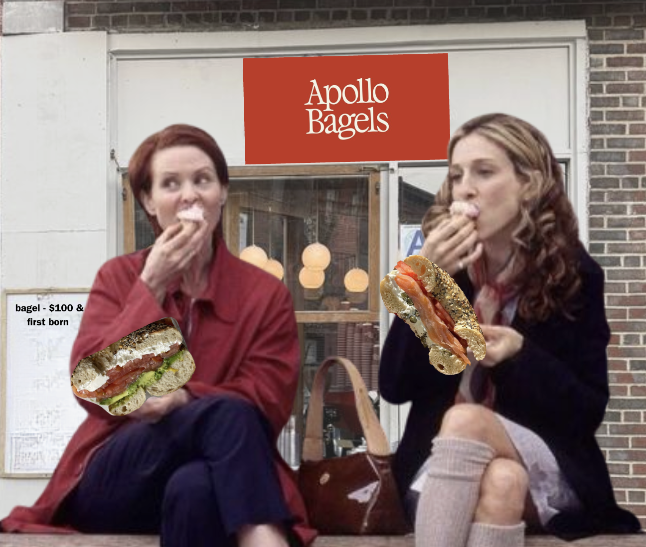 Two women sitting outside a bakery called Apollo Bagels, eating bagels with salmon and cream cheese, holding oversized images of bagels in their hands.