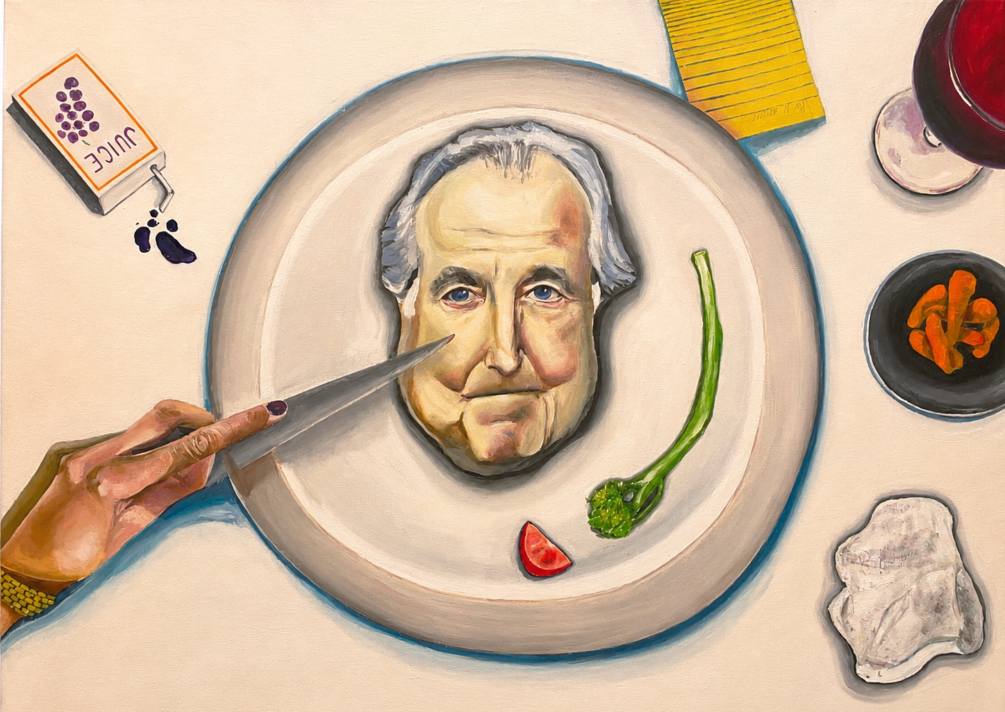 A painting of an elderly man's face on a plate, with a hand holding a knife about to cut into the face. Surrounding the plate are various objects: a box of juice with spilled juice, a yellow and blue rectangular item, a glass with a red beverage, a small black dish with orange food, a piece of rock, and a green vegetable with a red tomato slice.