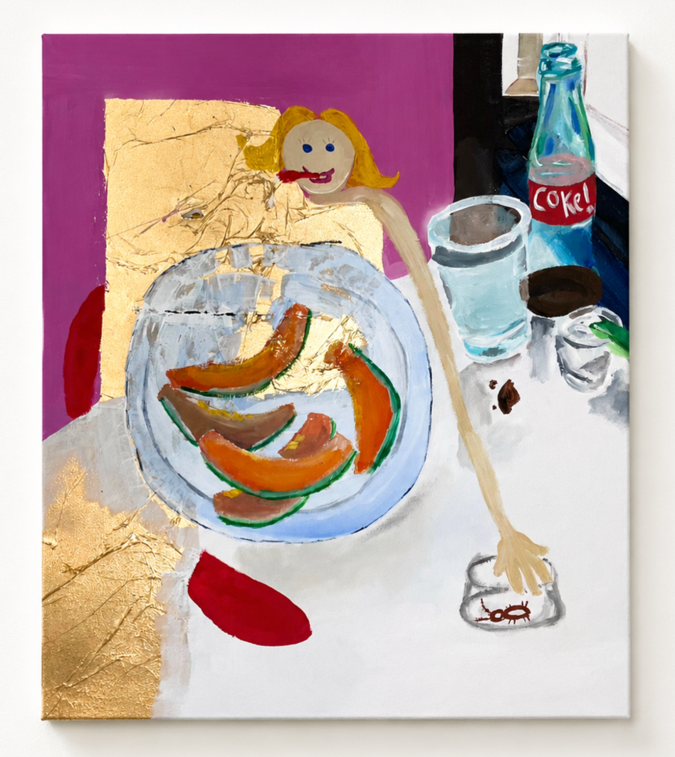 A still life painting featuring a plate of sliced tomatoes, a glass of water, a Coca-Cola bottle, a donut, a small container, and a spoon on a table with a pink, black, and white background. A simplistic smiling face with yellow hair is painted next to the objects.