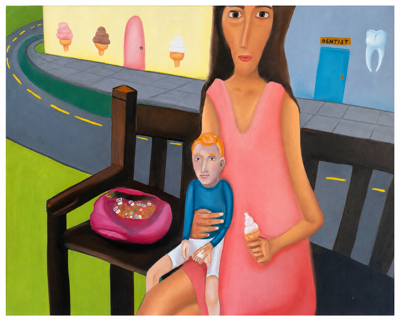 A woman and a boy sitting on a bench outside an ice cream shop. The woman is holding an ice cream cone, and the boy has his arm around her. There is a pink bag with candies on the bench, and the background features a sidewalk, a street, and colorful buildings, including a dentist's office and an ice cream shop.