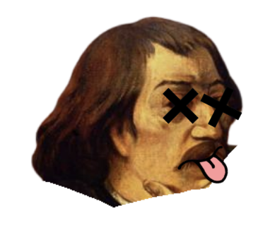 A digitally altered photo of a person's head with their eyes crossed out and tongue sticking out.