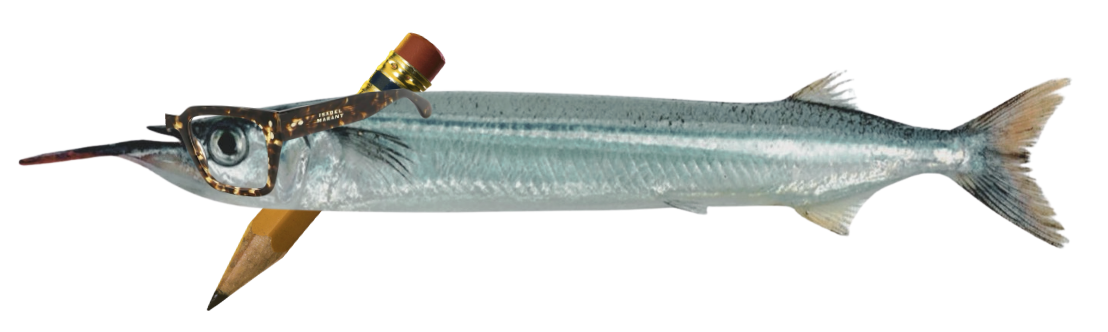 A fish with a squid-like body wearing glasses with a wine bottle in place of the nose, a pencil for a tail, and a lipstick on the nose.