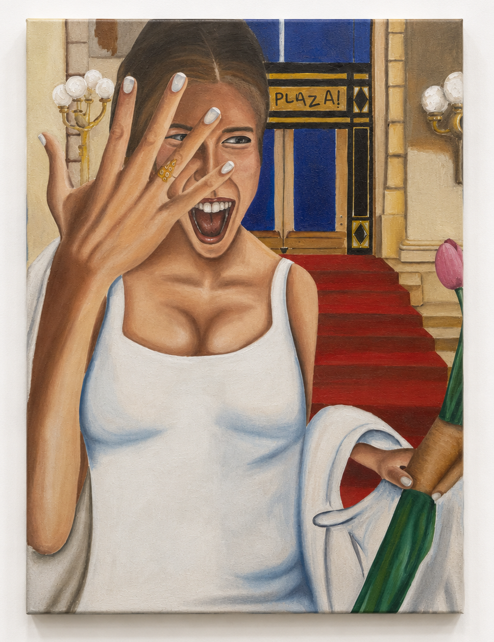 A young woman with brown hair, wearing a white tank top, holding an ice cream cone, smiling and covering her left eye with her hand, standing in front of a building with red carpeted stairs and a sign that says "Plaza!".