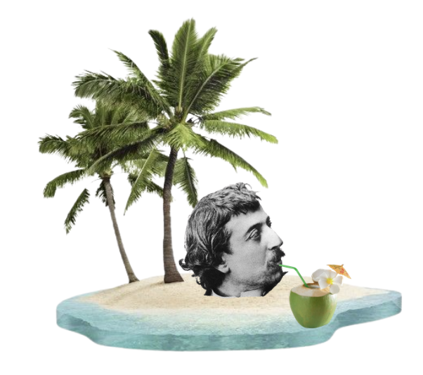 A tropical scene with two palm trees on a small sandy island in the water, a black and white photo of a man's head with a straw in his mouth, and a green cocktail with an umbrella, slice of fruit, and small umbrella.