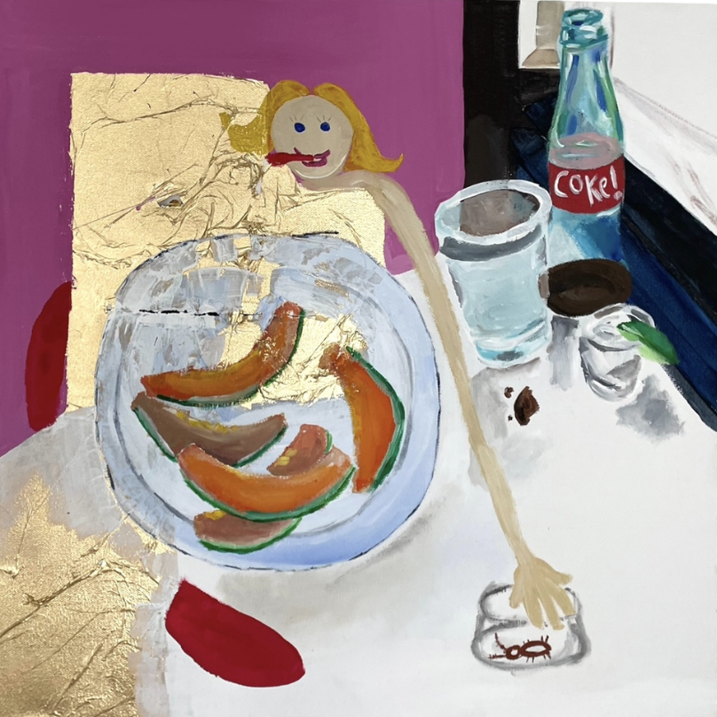 A colorful painting of a girl sitting at a table with a plate of sliced fruit, a glass of water, a bottle of Coke, and other items. The girl has blonde hair and a smiling face, with a red tongue sticking out. The background features purple and gold elements.