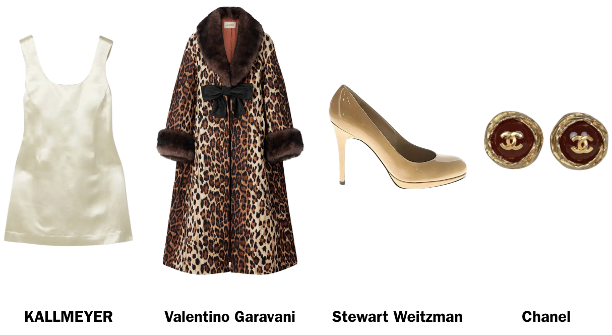 A satin cream-colored slip dress, a leopard print fur coat with black bow, beige high heels, and circular earrings with a Chanel logo in gold.