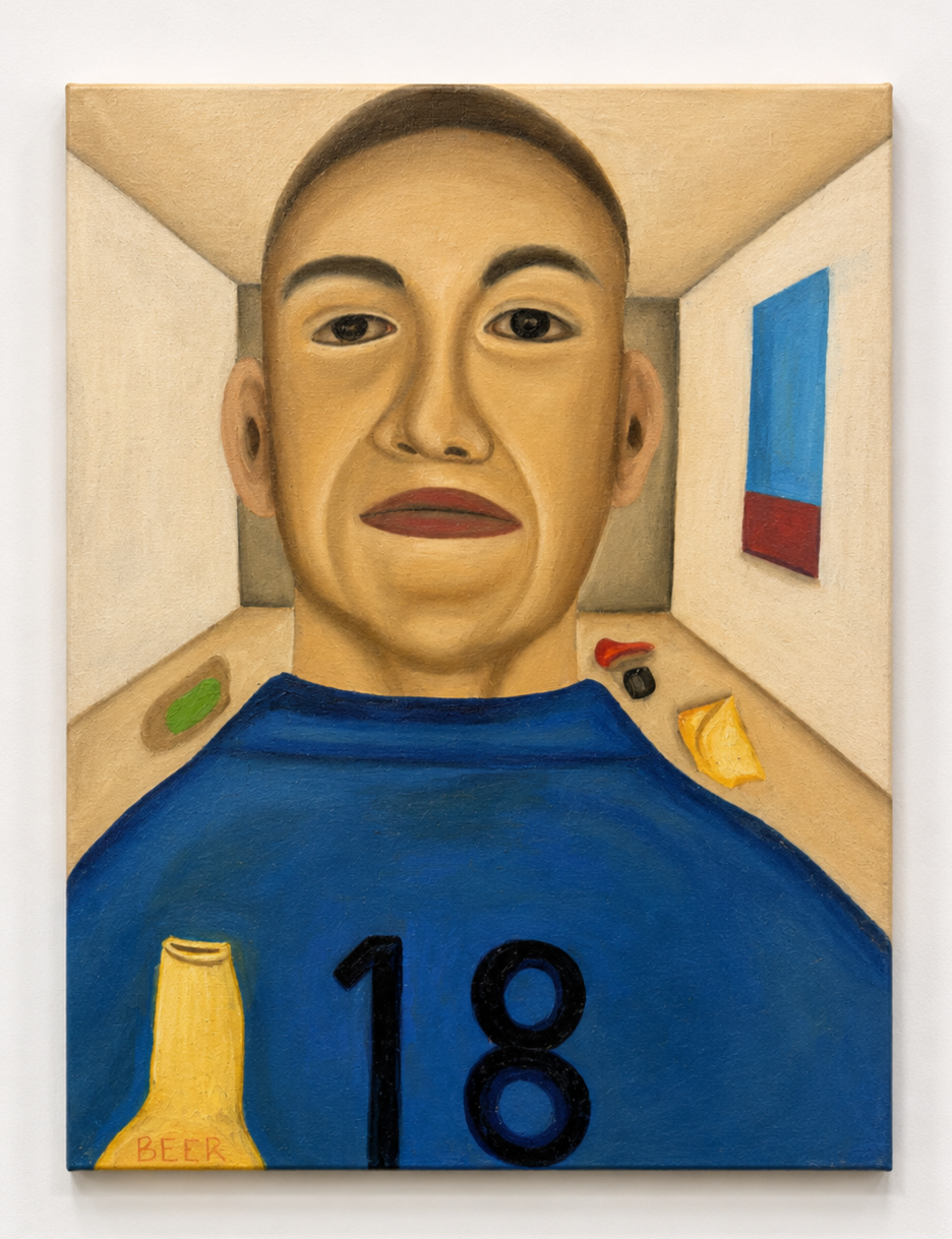 A portrait of a person with short hair, wearing a blue shirt with the number 18, holding a yellow beer bottle labeled 'BEER', and standing in a room with white walls, a red object and a black device on the floor, and a painting with blue and red sections hanging on the wall.