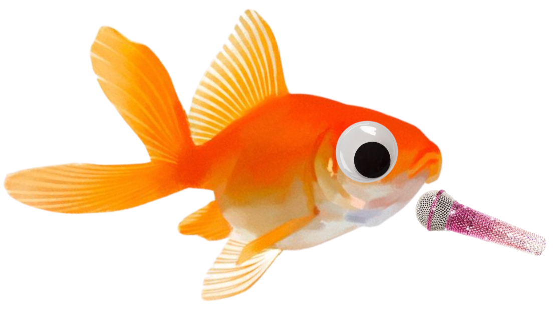 A toy goldfish with large googly eyes and a pink mini microphone in its mouth.