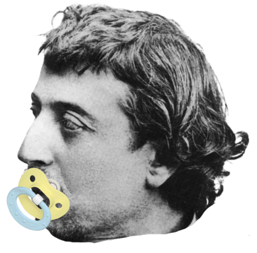 Black and white photo of a person's face with a pacifier near the mouth.