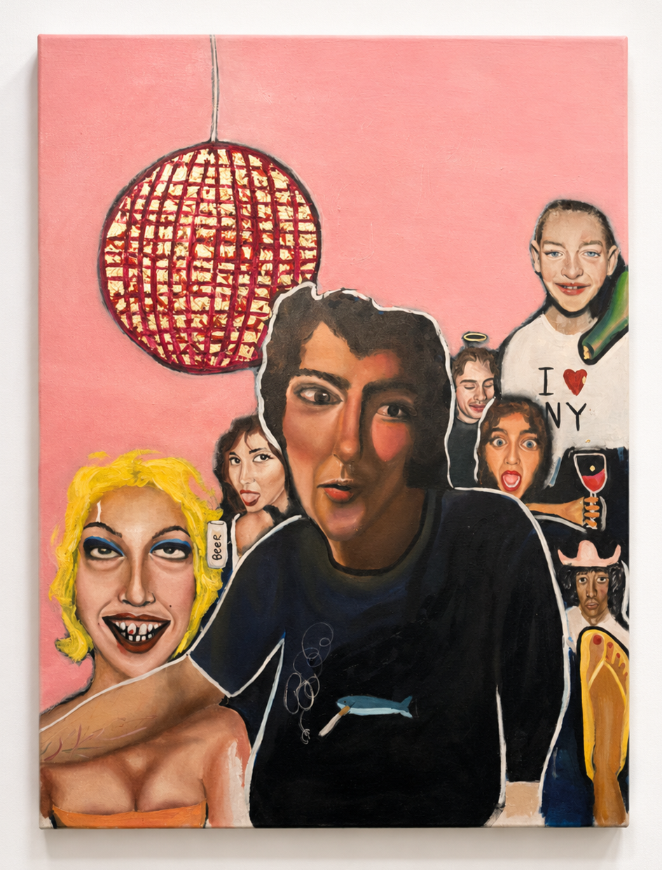 Colorful painting featuring a group of exaggerated cartoon-like faces with a pink background, a hanging red and gold lamp, and various playful details.