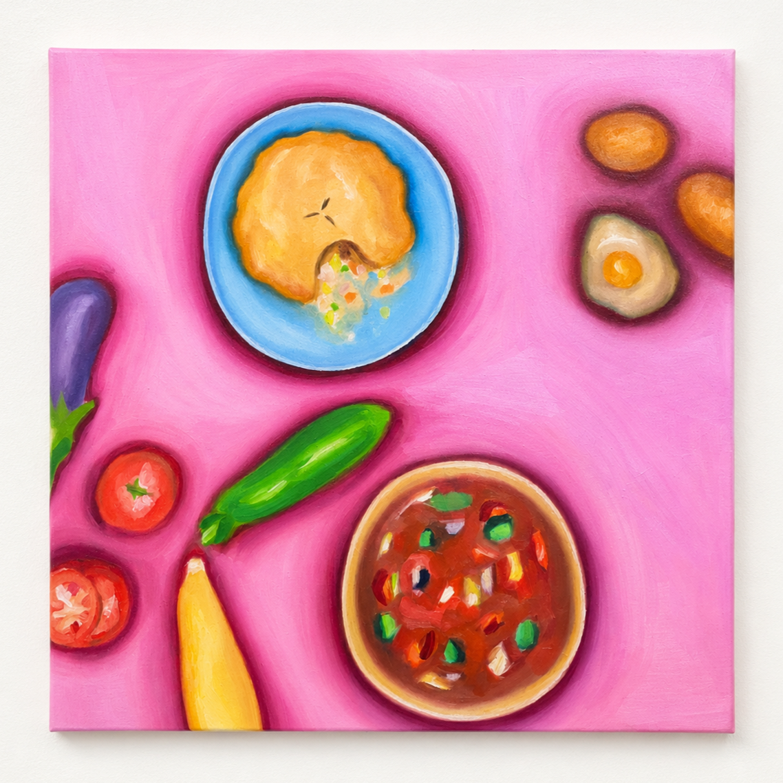 Painting of a meal with a plate of fried chicken, bowl of chili with vegetables, cucumber, tomato, banana, and eggs on a pink background.