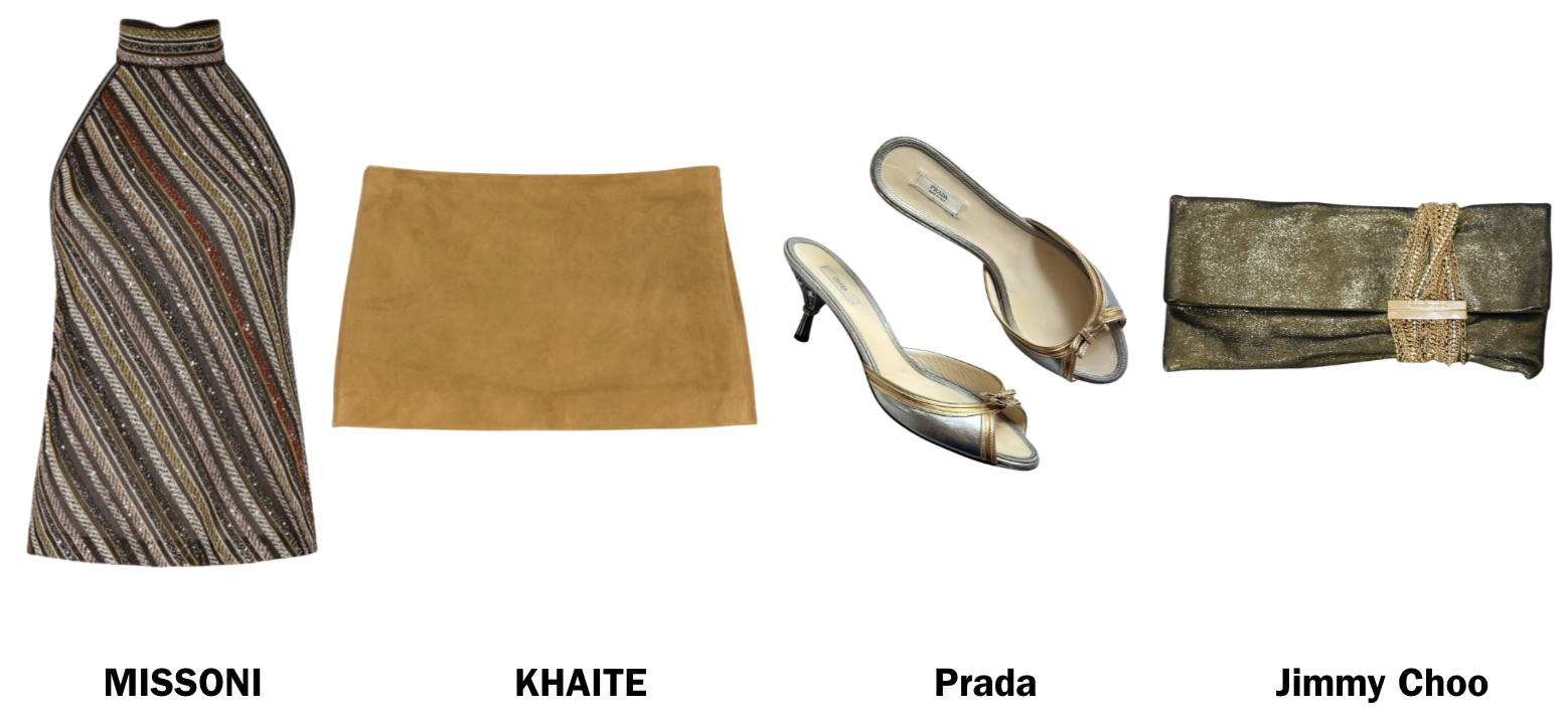 Fashion outfit displayed with a MISSONi patterned skirt, a KHAITE mustard skirt, Prada high-heeled shoes, and a Jimmy Choo metallic clutch purse.