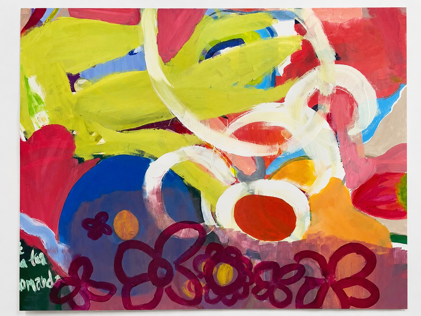 Abstract colorful painting with yellow, red, blue, green, and white brushstrokes, circular shapes, and flower motifs.