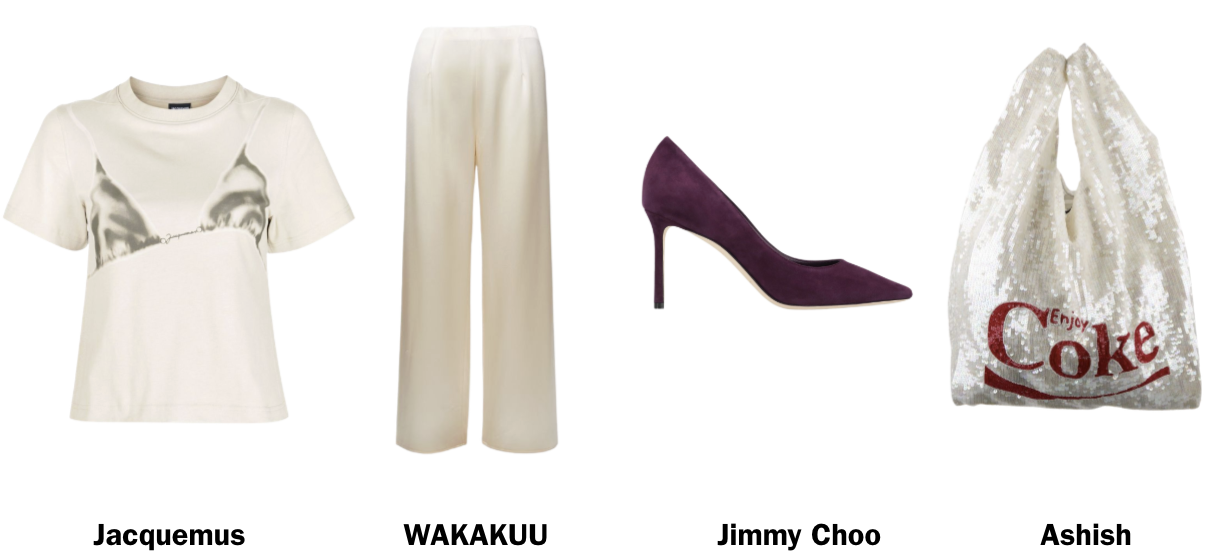 Clothing and accessories including a Jacquemus t-shirt, WAKAKUU pants, Jimmy Choo purple high heels, and an Ashish Coca-Cola sequined bag.