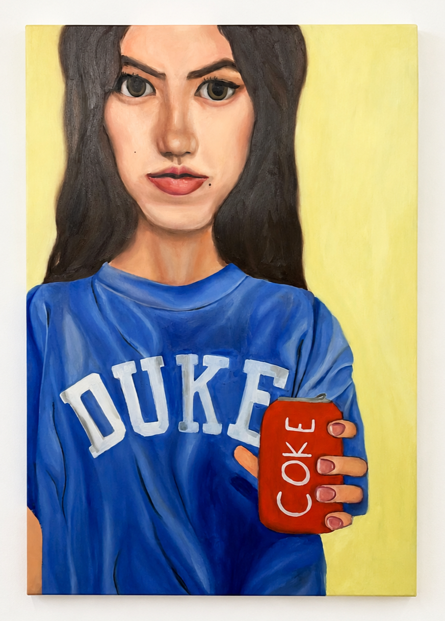 A painted portrait of a woman with long dark hair wearing a blue Duke sweatshirt, holding a red soda can labeled 'COKE,' against a yellow background.