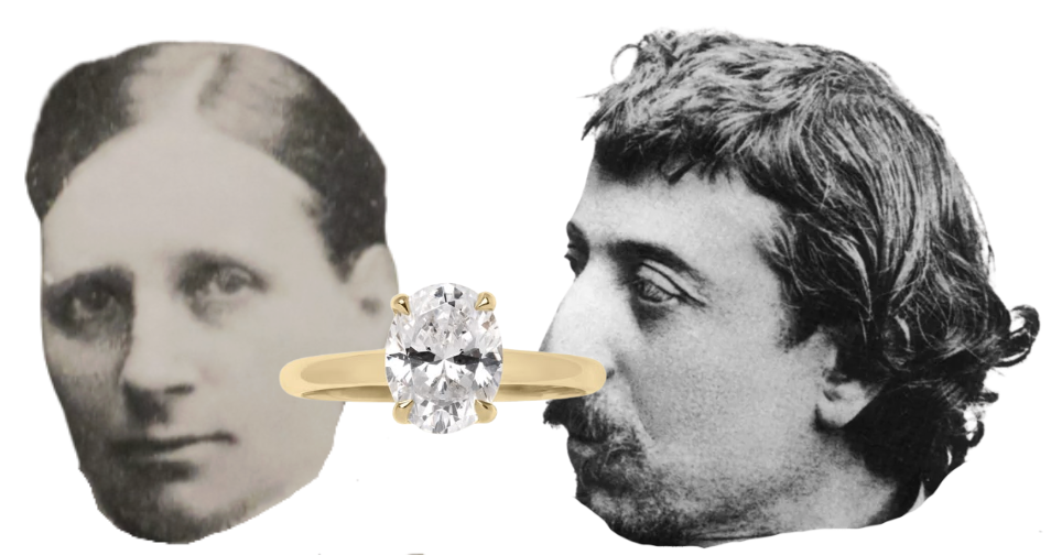 A collage with a vintage woman’s face on the left, a man’s face on the right, and a gold engagement ring with a large diamond in the center overlapping both faces.