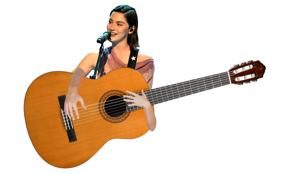 A woman is singing into a microphone while playing an acoustic guitar that has two arms with hands, blending into her body.