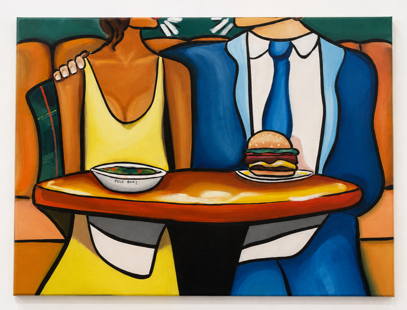 Painting of a man and woman sitting at a table with food: a woman in a yellow dress with a bowl of soup and a man in a blue suit with a burger.