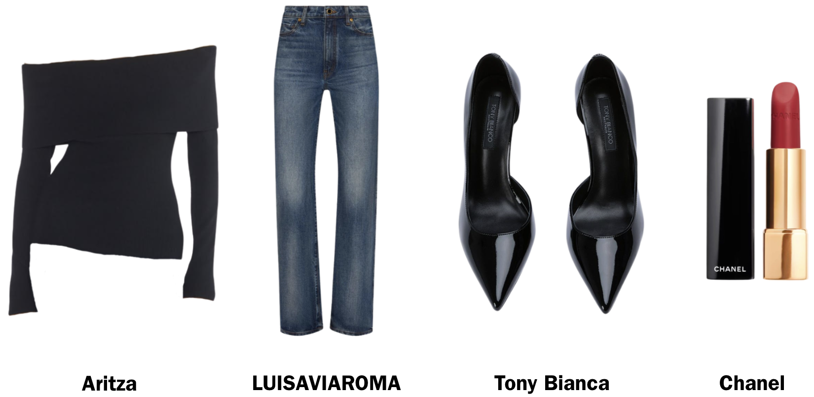 Black asymmetric long-sleeve sweater, blue jeans, black high-heeled shoes, red lipstick, and black lipstick from top brands Aritza, LUISAVIAROMA, Tony Bianca, and Chanel.