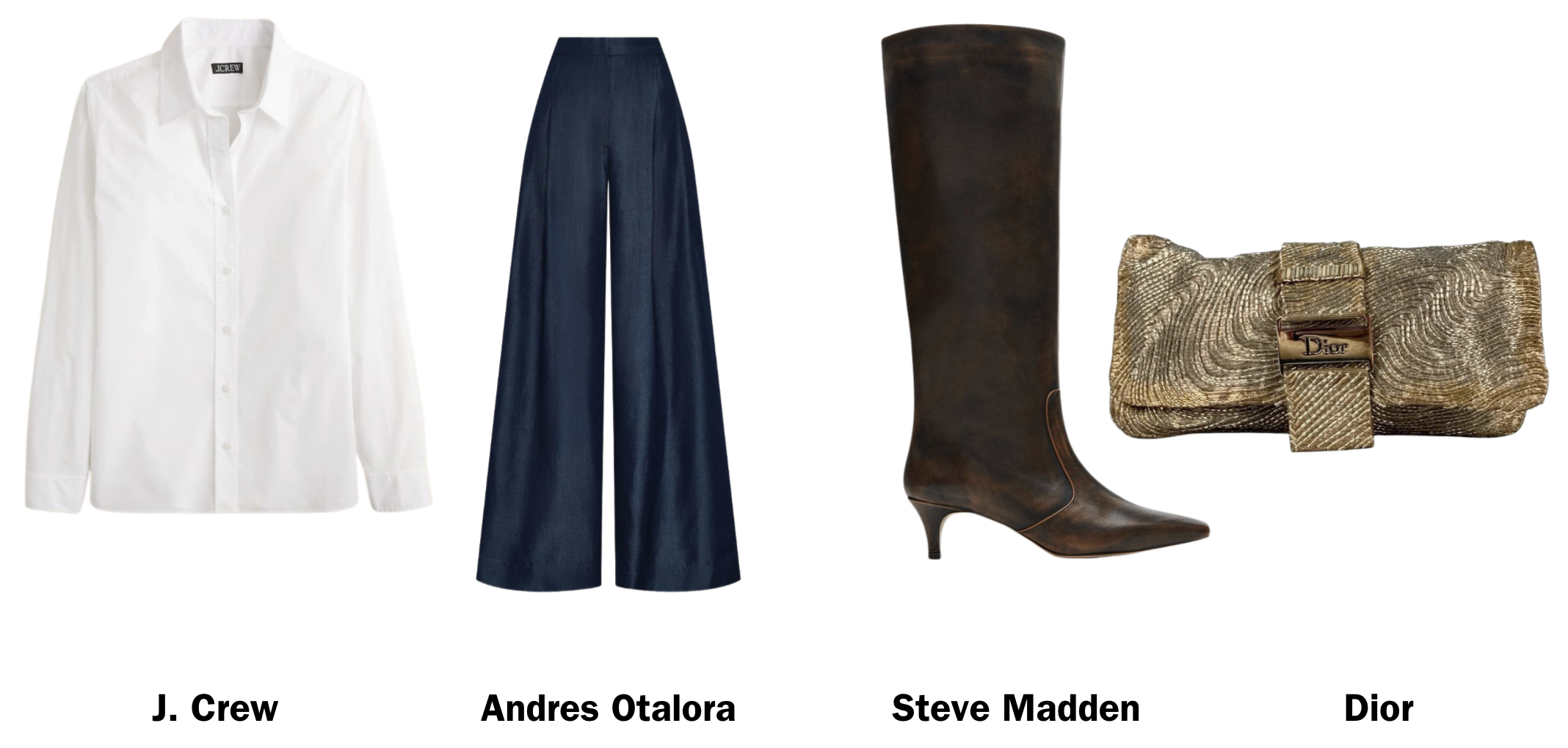 Fashion ensemble featuring a white J. Crew button-up shirt, dark blue wide-leg Andres Otalora pants, brown Steve Madden knee-high leather boots, and a gold Dior clutch bag with a textured pattern.