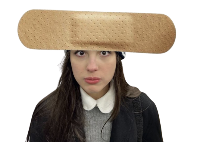 A woman with a large bandage on her head, resembling a giant adhesive bandage.