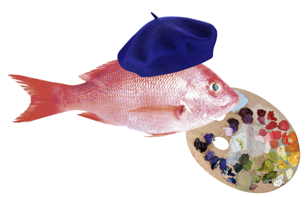 A pink fish wearing a blue beret, positioned near a painter's palette with various colors of paint.